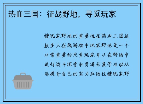 热血三国：征战野地，寻觅玩家
